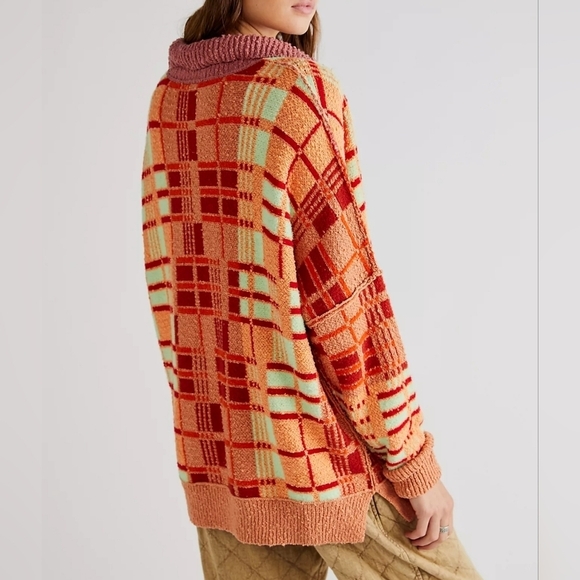 Free People Ruben Sweater Autumn Sunset Combo V-Neck Orange Red Plaid Oversized - Picture 3 of 8